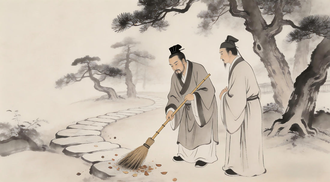 A Taoist priest sweeping the courtyard at Tianshi Fu while a visitor asks questions, ancient cypress trees surrounding, representing the Five Stations of development