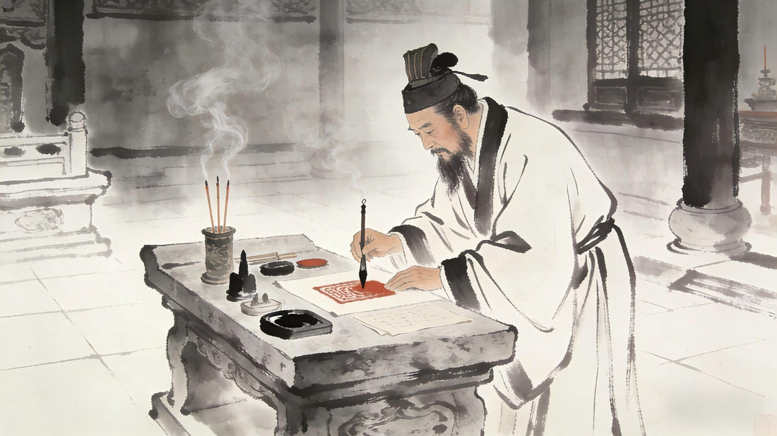 A Taoist priest grinding cinnabar to make talismanic ink, inkstone and brushes on stone table, incense smoke surrounding, representing the material foundation of Five Unconscious Elements