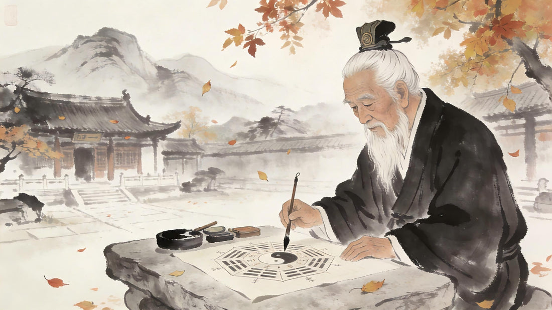 A senior Taoist priest with white beard writing I Ching hexagrams in Tianshi Fu courtyard, autumn leaves falling, ink and brush on stone table, Four Virtues theme