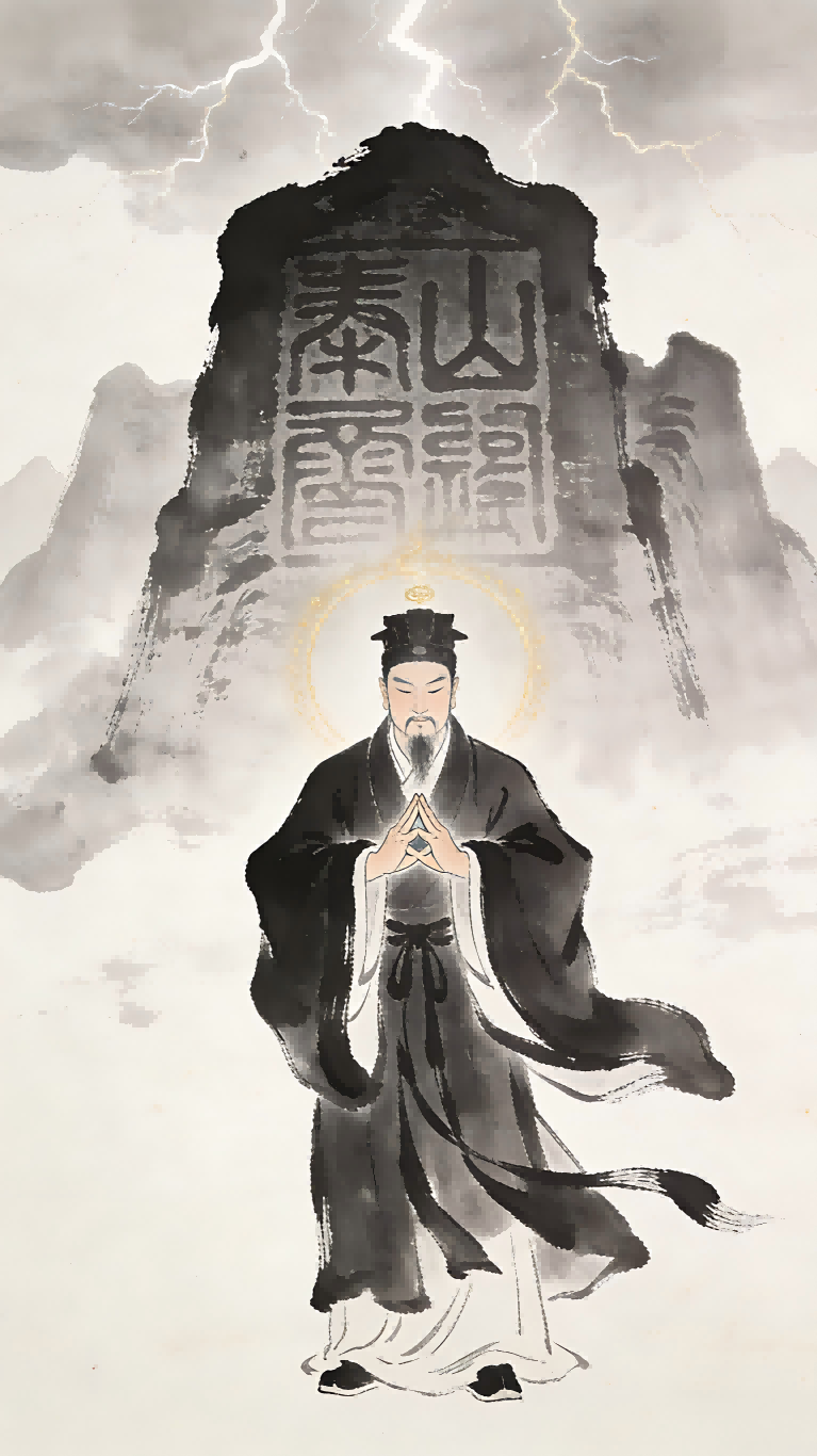 A Taoist priest forming the Lesser Mount Tai hand seal during a Thunder Rite ceremony, with Mount Tai looming in the background