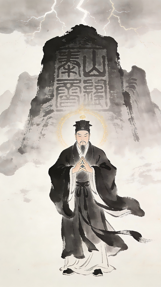 A Taoist priest forming the Lesser Mount Tai hand seal during a Thunder Rite ceremony, with Mount Tai looming in the background