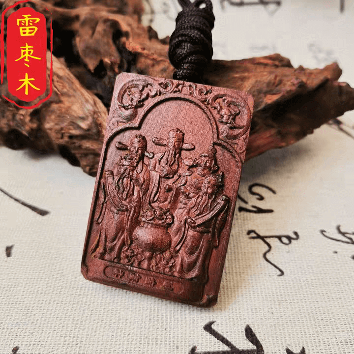 Taoist Thunder struck Jujube Wood Five Wealth Gods Blessing Amulet Pendant