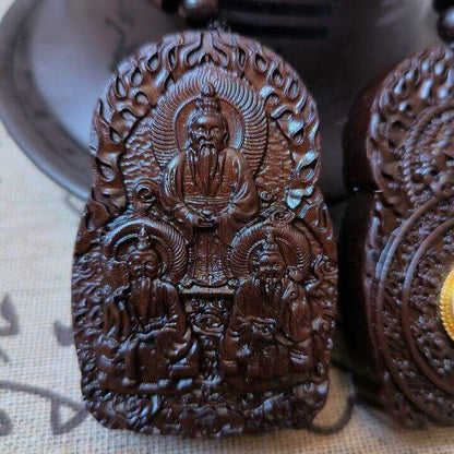 Taoist Jade-Infused Thunder struck Jujube Wood Three Pristine Ones Rotatable Bagua Pendant - View 3