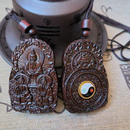 Taoist Jade-Infused Thunder struck Jujube Wood Three Pristine Ones Rotatable Bagua Pendant - View 5