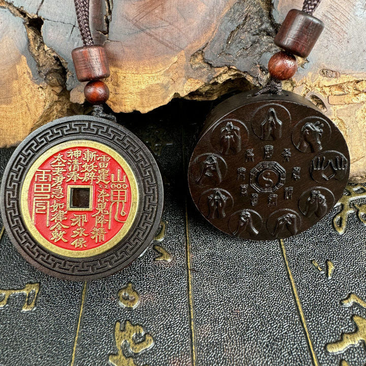 Taoist Jade-Effected Thunder-Struck Jujube Wood Golden Light Mantra Pendant with Mountain Ghost Coin for Exorcism and Safety Protection