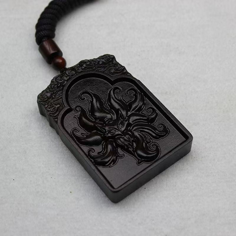 Peach Blossom Attraction Talisman - Mythical Fox Pendant in Jade-Refined Wood