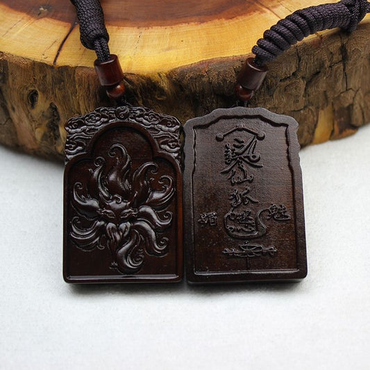 Peach Blossom Attraction Talisman - Mythical Fox Pendant in Jade-Refined Wood