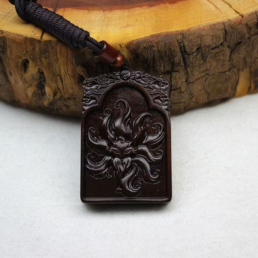 Peach Blossom Attraction Talisman - Mythical Fox Pendant in Jade-Refined Wood