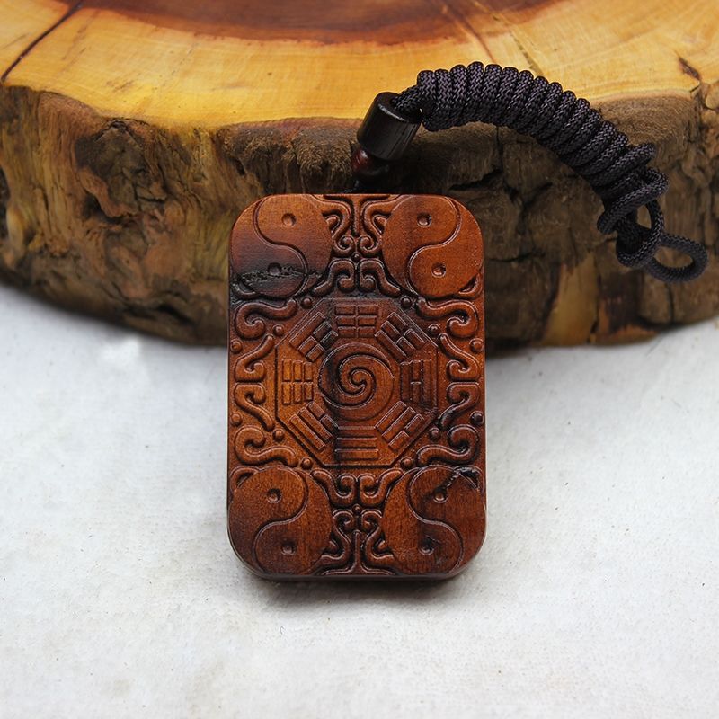 Lightning Jujube Wood 'Peace Plaque' Pendant with Bagua, Celestial Guardians & Yin-Yang