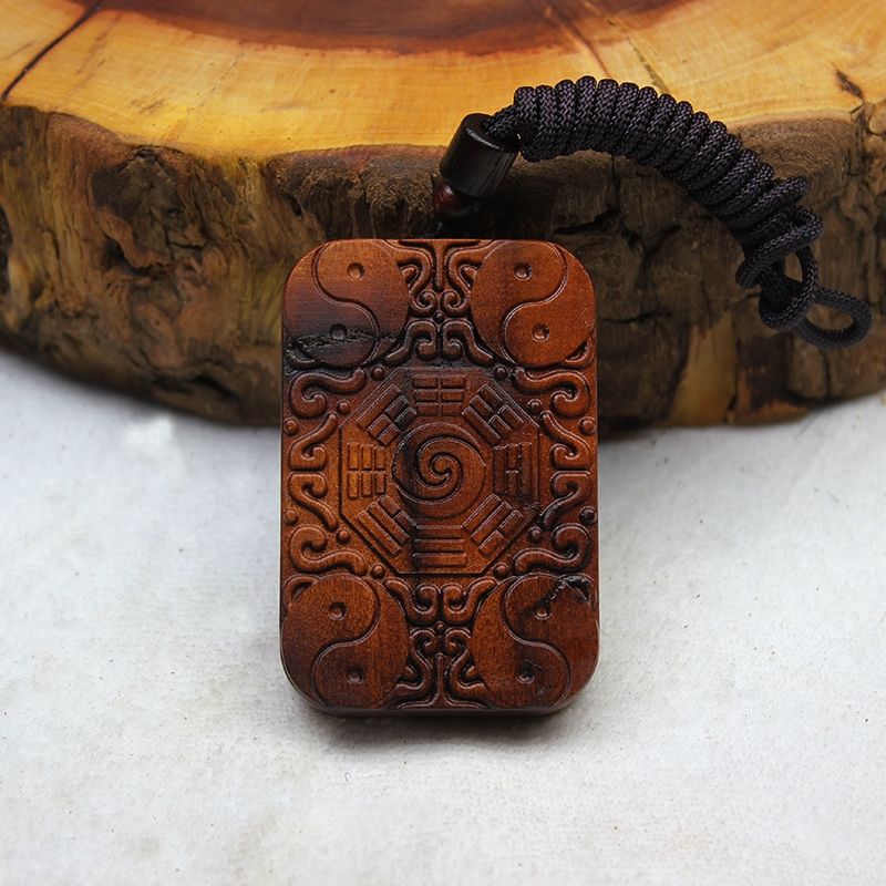 Lightning Jujube Wood 'Peace Plaque' Pendant with Bagua, Celestial Guardians & Yin-Yang