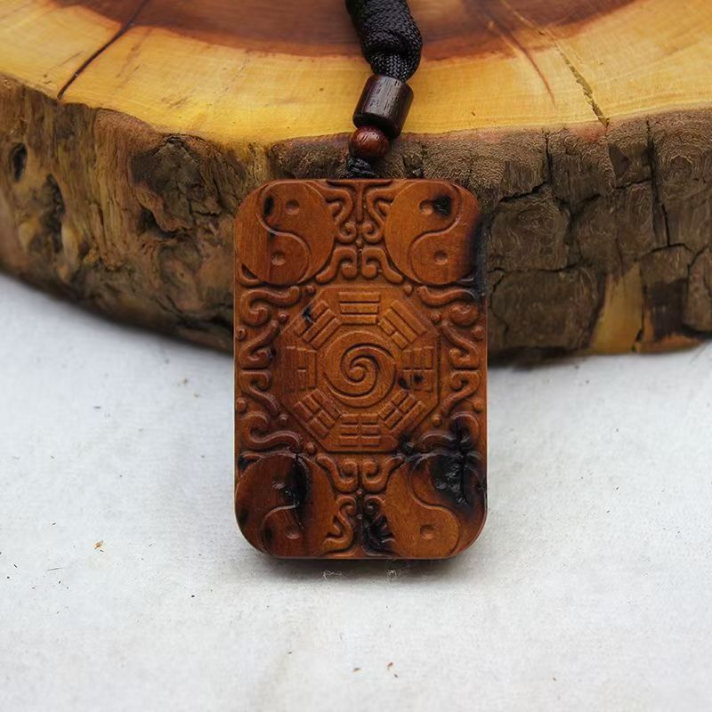 Lightning Jujube Wood 'Peace Plaque' Pendant with Bagua, Celestial Guardians & Yin-Yang