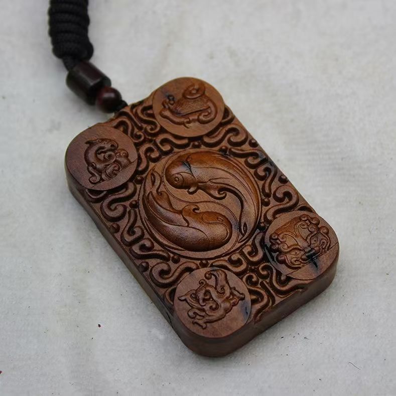 Lightning Jujube Wood 'Peace Plaque' Pendant with Bagua, Celestial Guardians & Yin-Yang