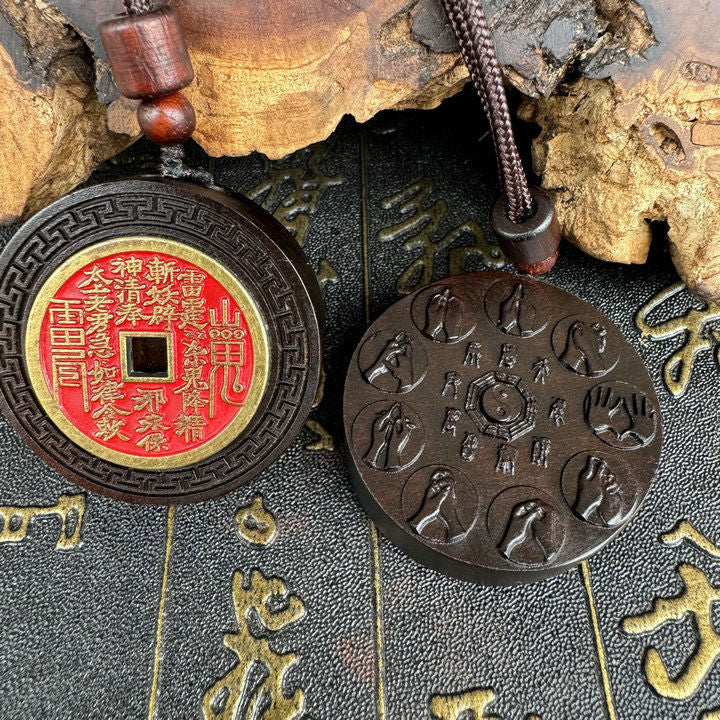 Taoist Jade-Effected Thunder-Struck Jujube Wood Golden Light Mantra Pendant with Mountain Ghost Coin for Exorcism and Safety Protection