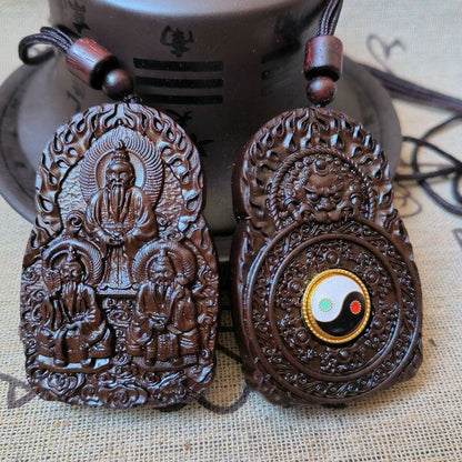 Taoist Jade-Infused Thunder struck Jujube Wood Three Pristine Ones Rotatable Bagua Pendant - View 4