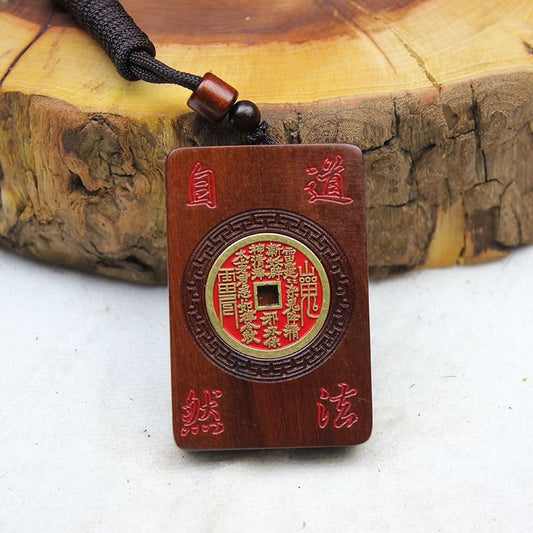 Natural Lightning-Struck Jujube Wood Pendant with Celestial Seal, Mountain Spirit Coin & Peace Plaque